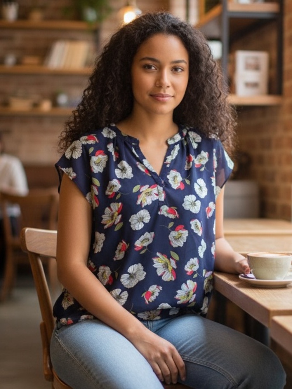 Papermoon Navy Floral Split-Neck Blouse with White Flowers